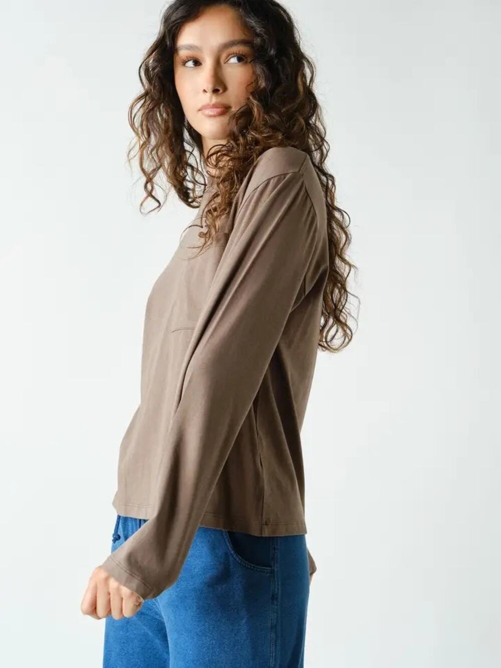NWT Mono B Pima Cotton Long Sleeve Pocket Tee TAUPE MED Crew Neck Relaxed Top